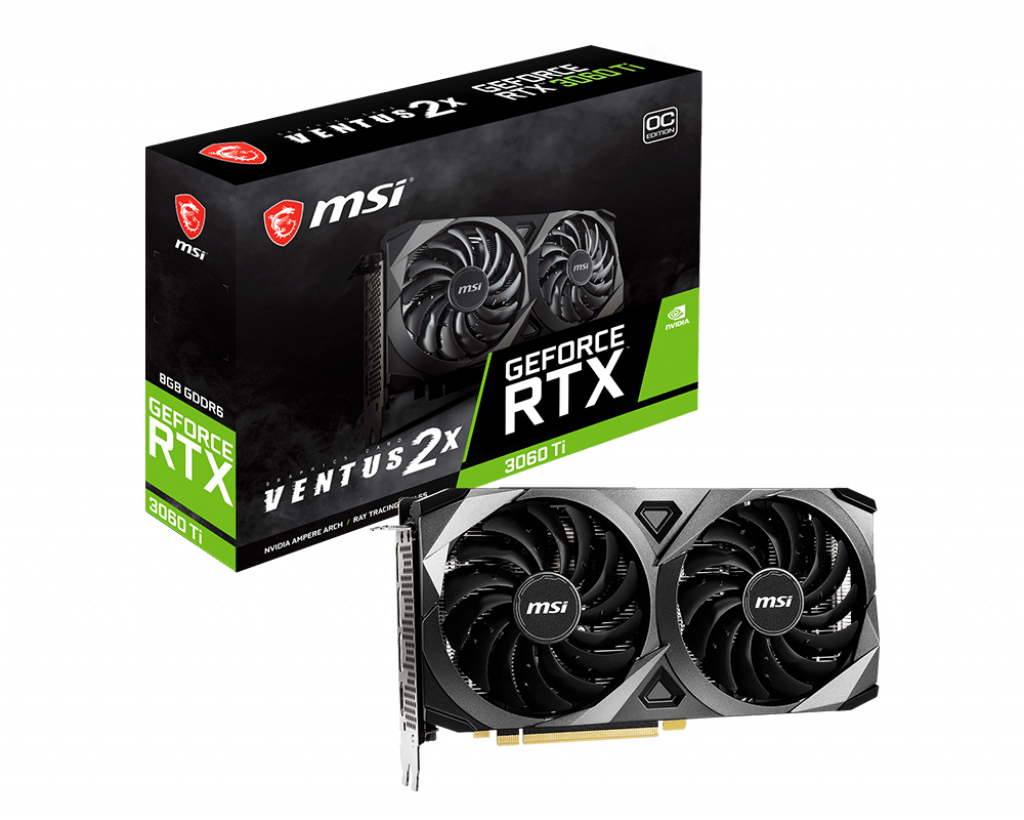 Видеокарта MSI NVIDIA GeForce RTX 3060Ti VENTUS 2X OC RU, 8Gb DDR6, 256bit, PCI-E, HDMI, 3DP, Retail (RTX 3060 TI VENTUS 2X OC RU LHR)