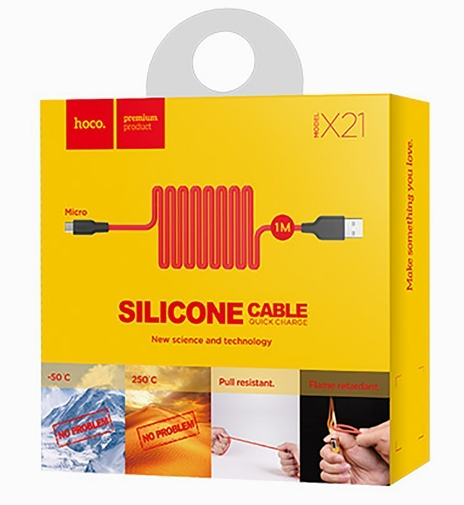 

Кабель USB-Micro USB, 2.4A быстрая зарядка, 1.2м, красный/черный HOCO Silicone X21, X21