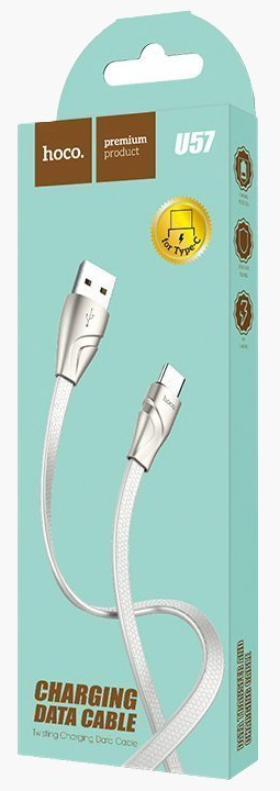 

Кабель USB 2.0(Am)-Type-C, плоский, 2.4A Quick Charge, 1м, белый HOCO Twisting U57, U57
