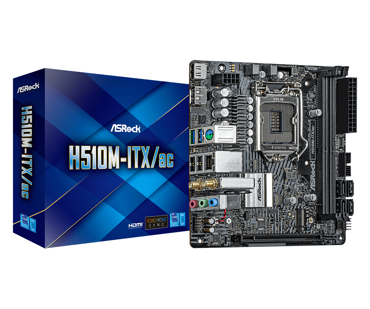 

Материнская плата ASRock H510M-ITX/AC, Socket1200, Intel H510, 2xDDR4, PCI-Ex16, 4SATA3, 7.1-ch, GLAN, 4 USB 3.2, HDMI, DP, mini-ITX, Retail, H510M-ITX/AC