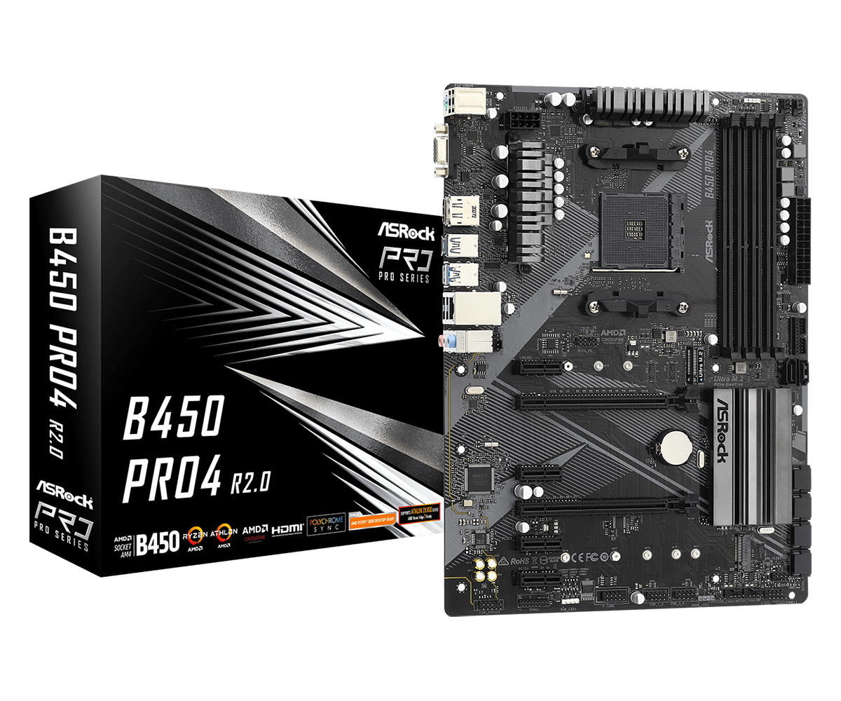 

Материнская плата ASRock B450 PRO4 R2.0, SocketAM4, AMD B450, 4xDDR4, 2PCI-Ex16, 6SATA3, 7.1-ch, GLAN, 7 USB 3.2, 1 USB Type-C, VGA, HDMI, DP, ATX, Retail, B450 PRO4 R2.0