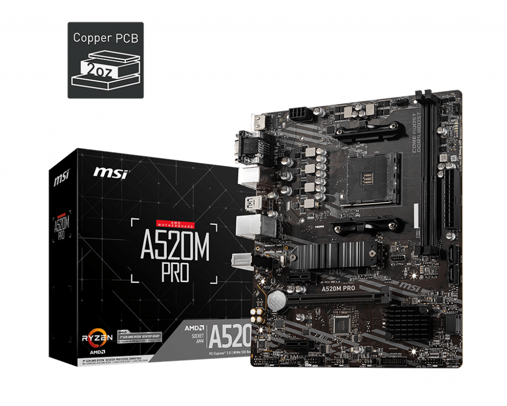 

Материнская плата MSI A520M PRO, SocketAM4, AMD A520, 2xDDR4, PCI-Ex16, 4SATA3, 7.1-ch, GLAN, 6 USB 3.2, VGA, HDMI, DP, mATX, Retail, A520M PRO