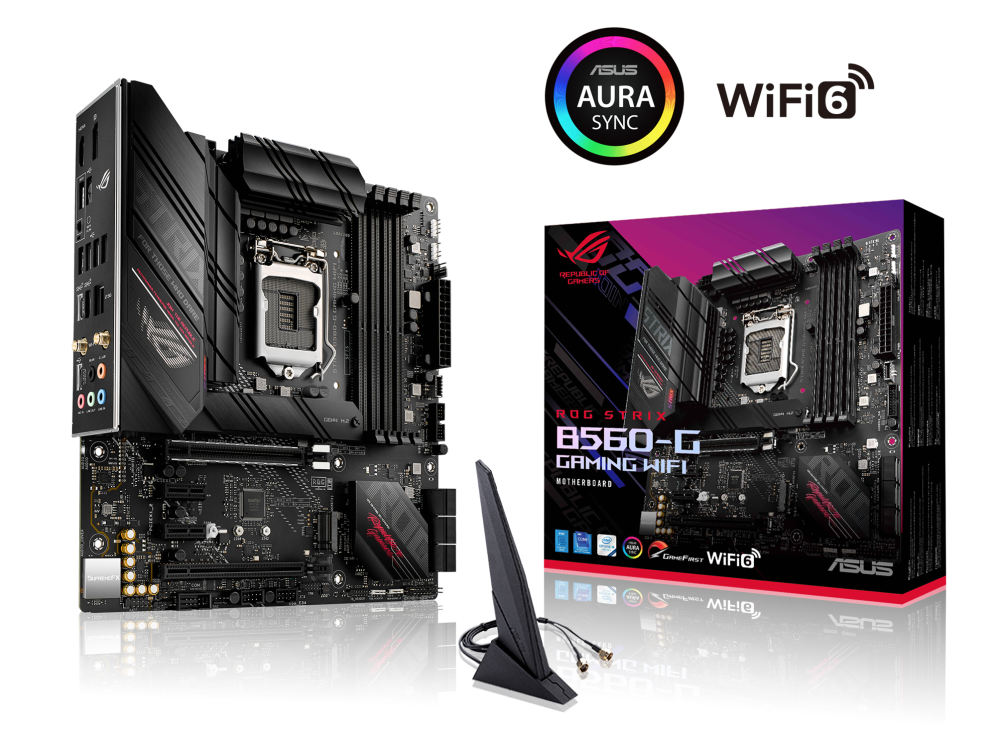

Материнская плата ASUS ROG STRIX B560-G GAMING WIFI, Socket1200, Intel B560, 4xDDR4, 2PCI-Ex16, 6SATA3, 7.1-ch, 2.5GLAN, 3 USB 3.2, 3 USB Type-C, HDMI, DP, mATX, Retail, ROG STRIX B560-G GAMING WIFI