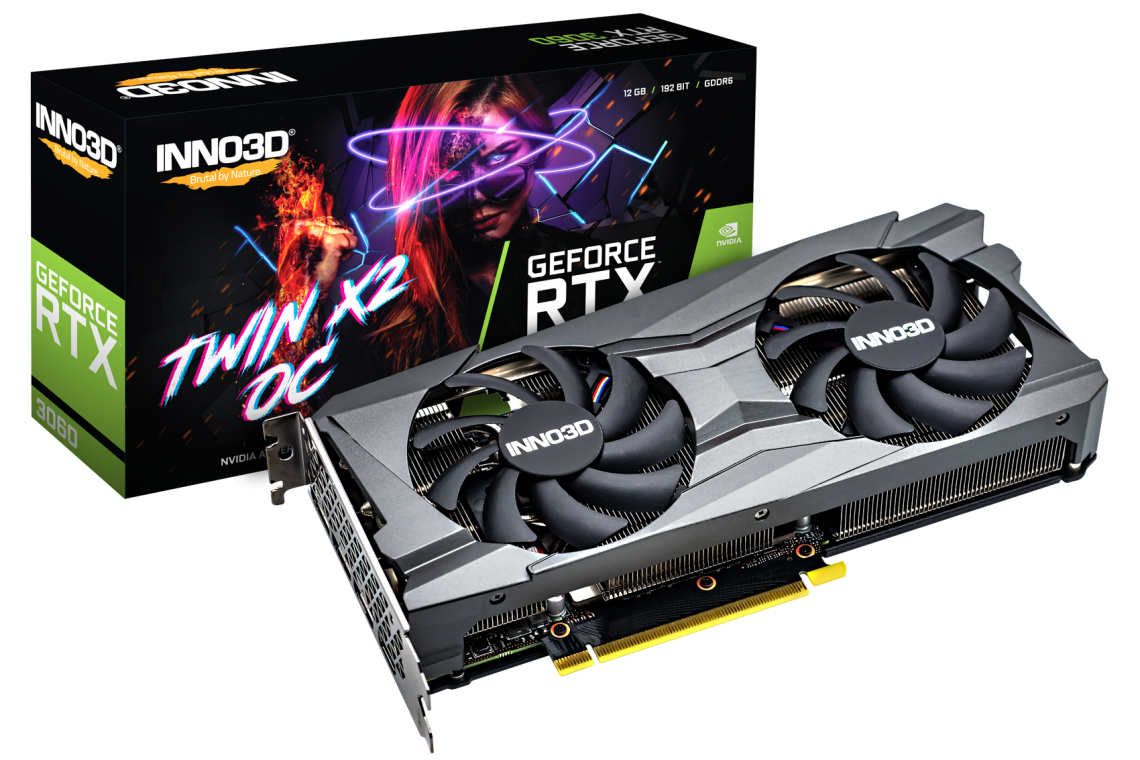 

Видеокарта Inno3D NVIDIA GeForce RTX 3060 TWIN X2 OC, 12Gb DDR6, 192bit, PCI-E, HDMI, 3DP, Retail (N30602-12D6X-11902120 LHR), TWIN X2 OC