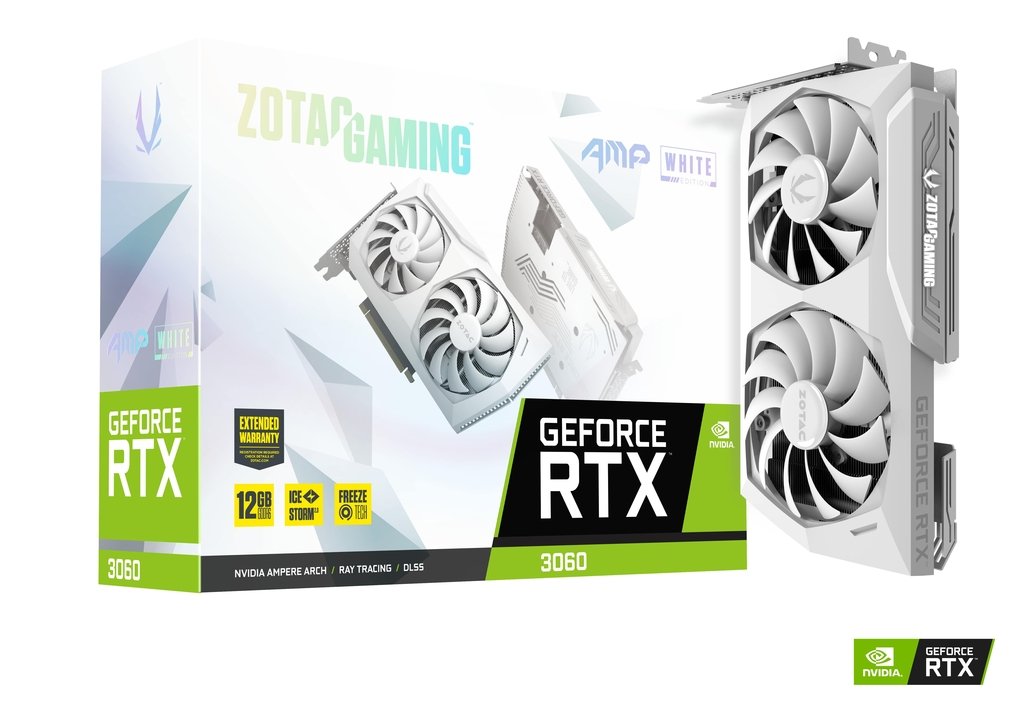 

Видеокарта ZOTAC NVIDIA GeForce RTX 3060 AMP White Edition, 12Gb DDR6, 192bit, PCI-E, HDMI, 3DP, Retail (ZT-A30600F-10P LHR), AMP White Edition