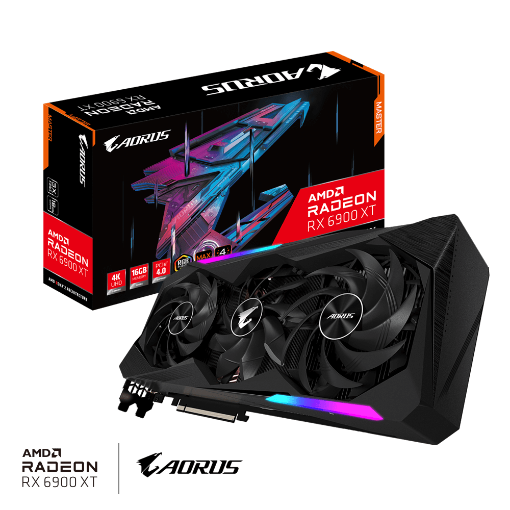 

Видеокарта GIGABYTE AMD Radeon RX 6900 XT AORUS MASTER, 16Gb DDR6, 256bit, PCI-E, 2HDMI, 2DP, Retail (GV-R69XTAORUS M-16GD), AORUS MASTER