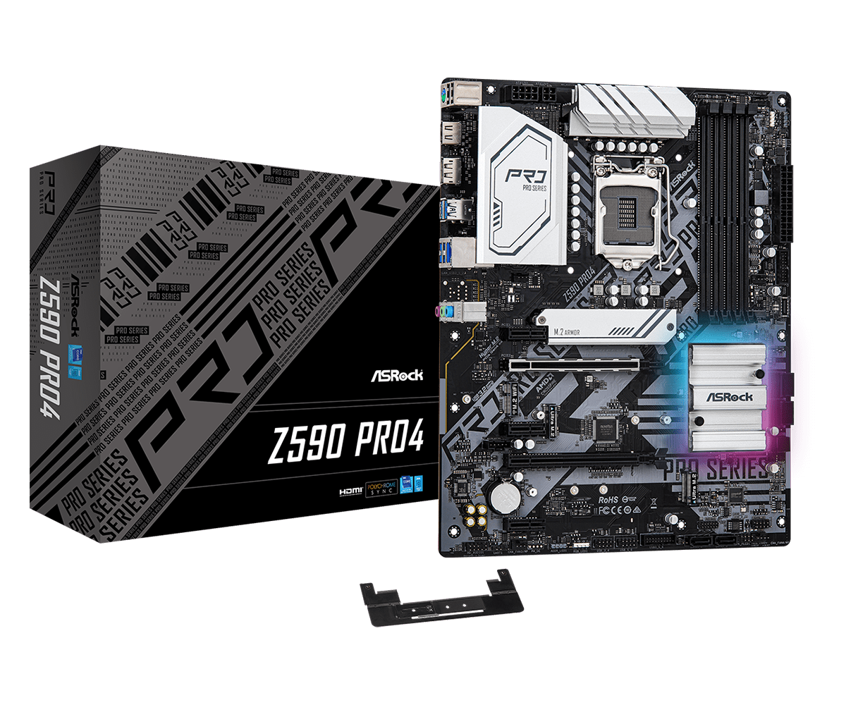 

Материнская плата ASRock Z590 PRO4, Socket1200, Intel Z590, 4xDDR4, 2PCI-Ex16, 6SATA3, 7.1-ch, 2.5GLAN, 8USB 3.2, USB Type-C, HDMI, DisplayPort, ATX, Retail, Z590 PRO4