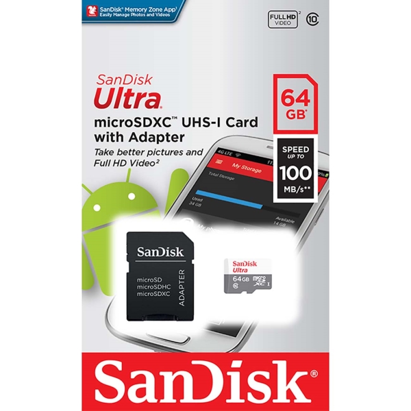 Карта памяти 64Gb SDXC Sandisk Ultra Class 10 UHS-I U1 + адаптер