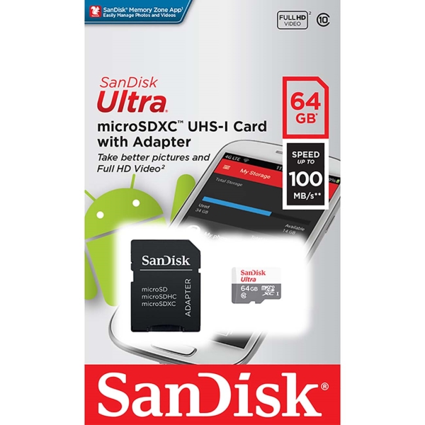 

Карта памяти 64Gb SDXC Sandisk Ultra Class 10 UHS-I U1 + адаптер (SDSQUNR-064G-GN3MA)