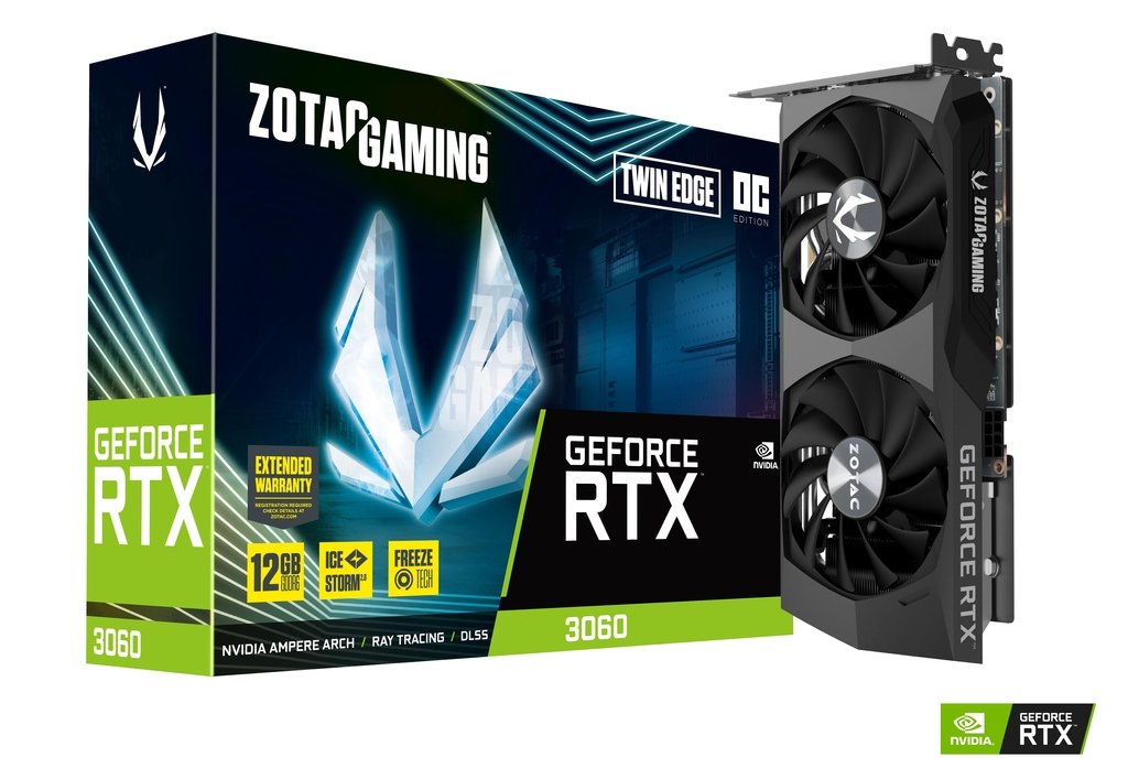 

Видеокарта ZOTAC NVIDIA GeForce RTX 3060 Twin Edge OC, 12Gb GDDR6, 192 бит, PCI-E, HDMI, 3DP, Retail (ZT-A30600H-10M LHR), Twin Edge OC