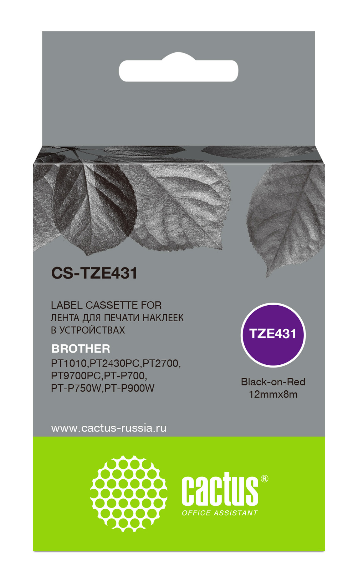 

Кассета с наклейками Cactus CS-TZE431, 1.2 см x 8 м, черный на красном, совместимая, CS-TZE431
