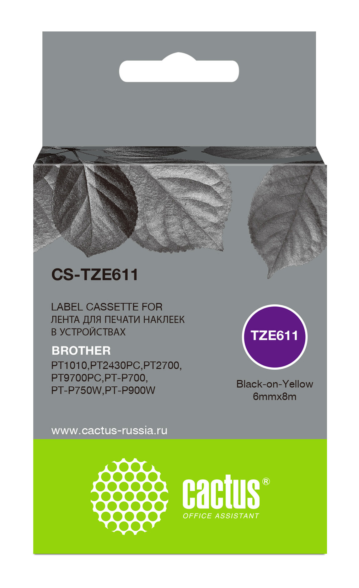 

Кассета с наклейками Cactus CS-TZE611, 6 мм x 8 м, черный на белом, совместимая, CS-TZE611