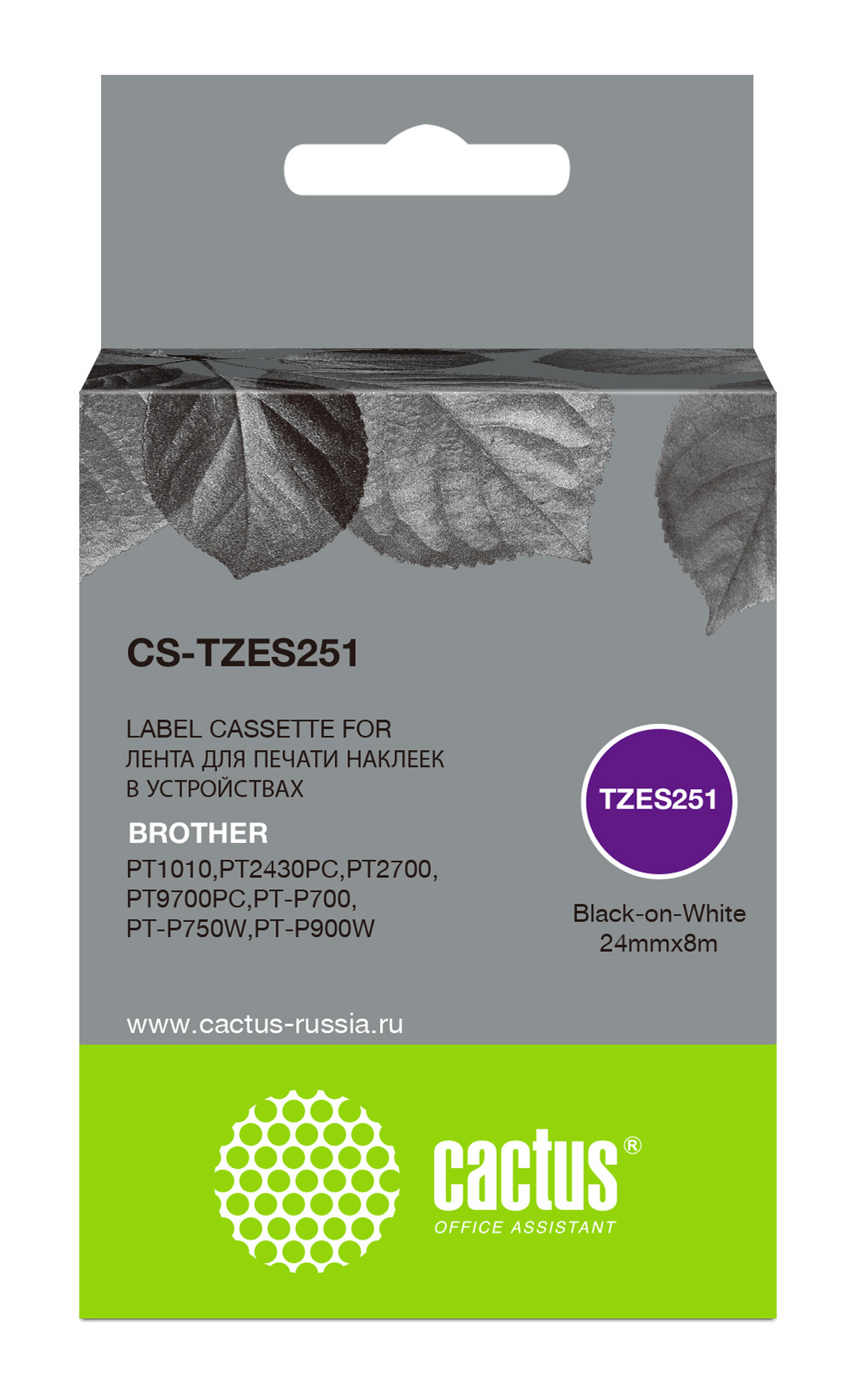 Кассета с наклейками Cactus CS-TZES251, 2.4 см x 8 м, черный на белом