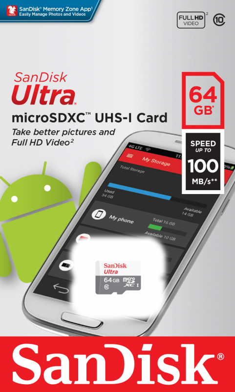 Карта памяти microSDXC Sandisk 64Gb Class 10 UHS-I U1 (SDSQUNR-064G-GN3MN)