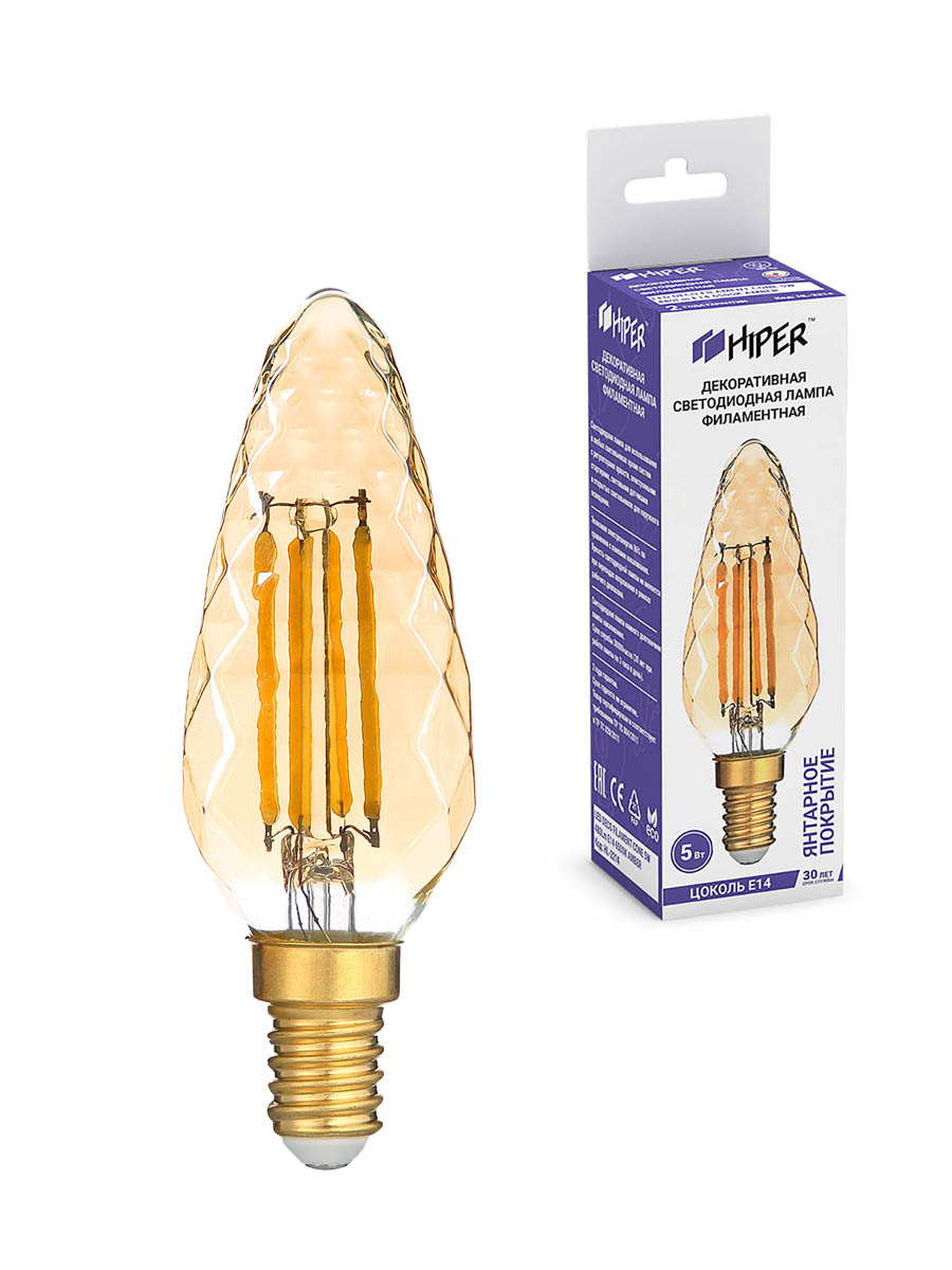 

Лампа светодиодная E14 свеча, 5Вт, 6500K, 480лм, филаментная, HIPER DECO FILAMENT CONE (HL-2214), DECO FILAMENT CONE
