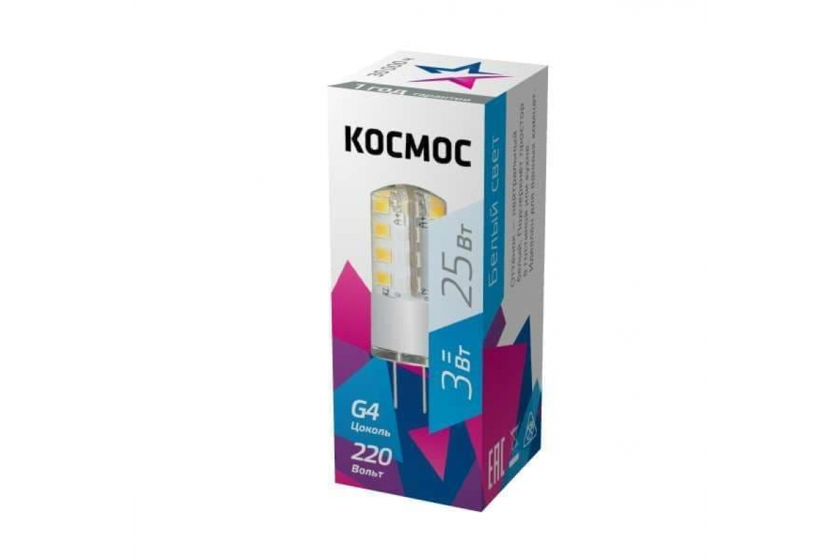 Лампа светодиодная, G4, JC, 220 В, 3 Вт, 4500K, КОСМОС JC 3W G4 220v 30