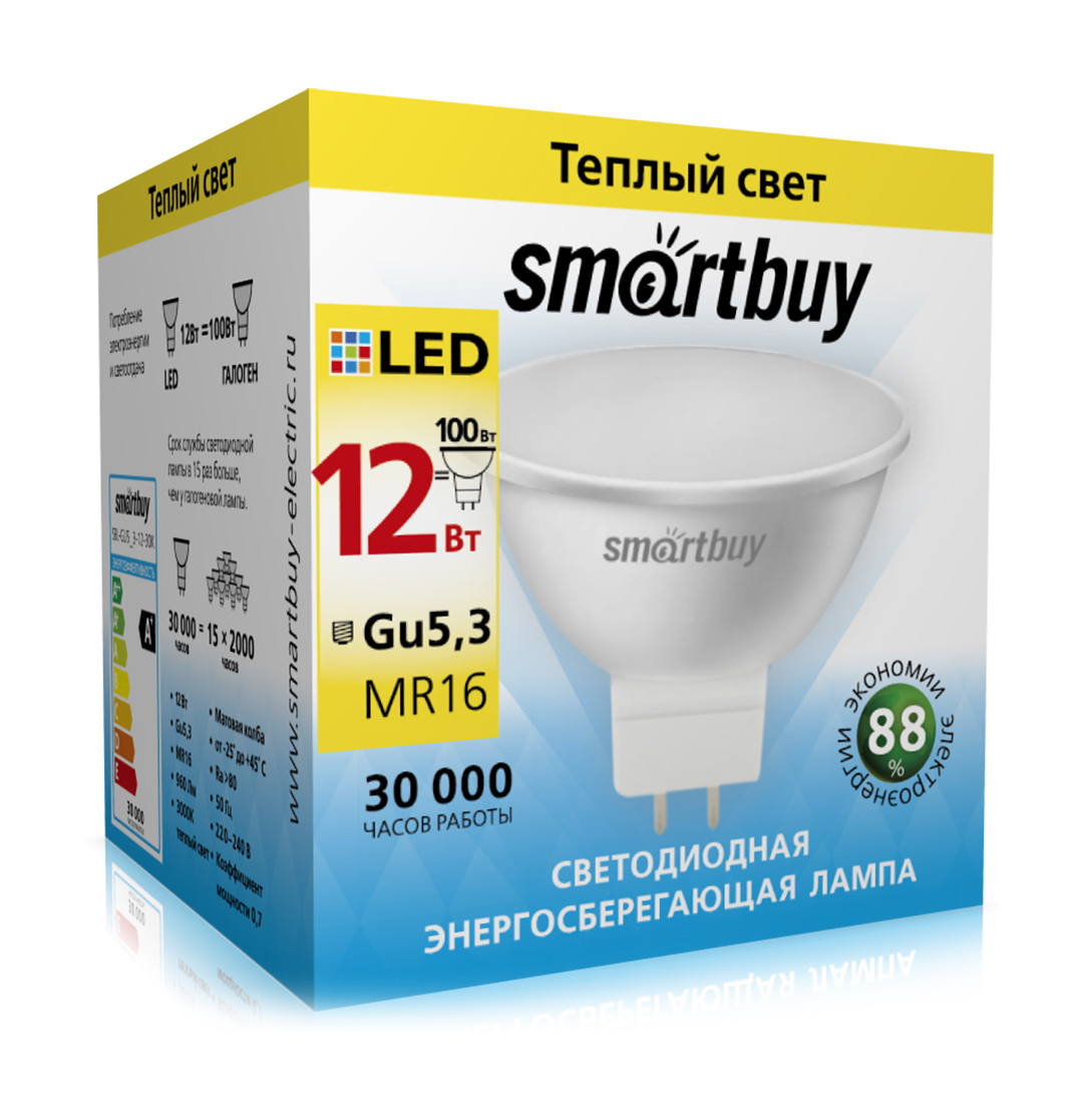

Лампа светодиодная GU5.3, MR16, 12Вт, 960лм, 3000K/теплый, 80 Ra, Smartbuy Gu5,3-12W/3000/ (SBL-GU5_3-12-30K), Gu5,3-12W/3000/