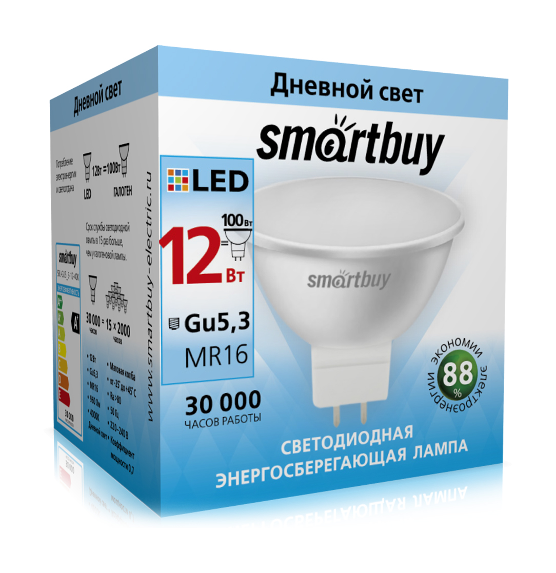 

Лампа светодиодная GU5.3, MR16, 12Вт, 960лм, 4000K/белый, 80 Ra, Smartbuy Gu5,3-12W/4000/ (SBL-GU5_3-12-40K), Gu5,3-12W/4000/