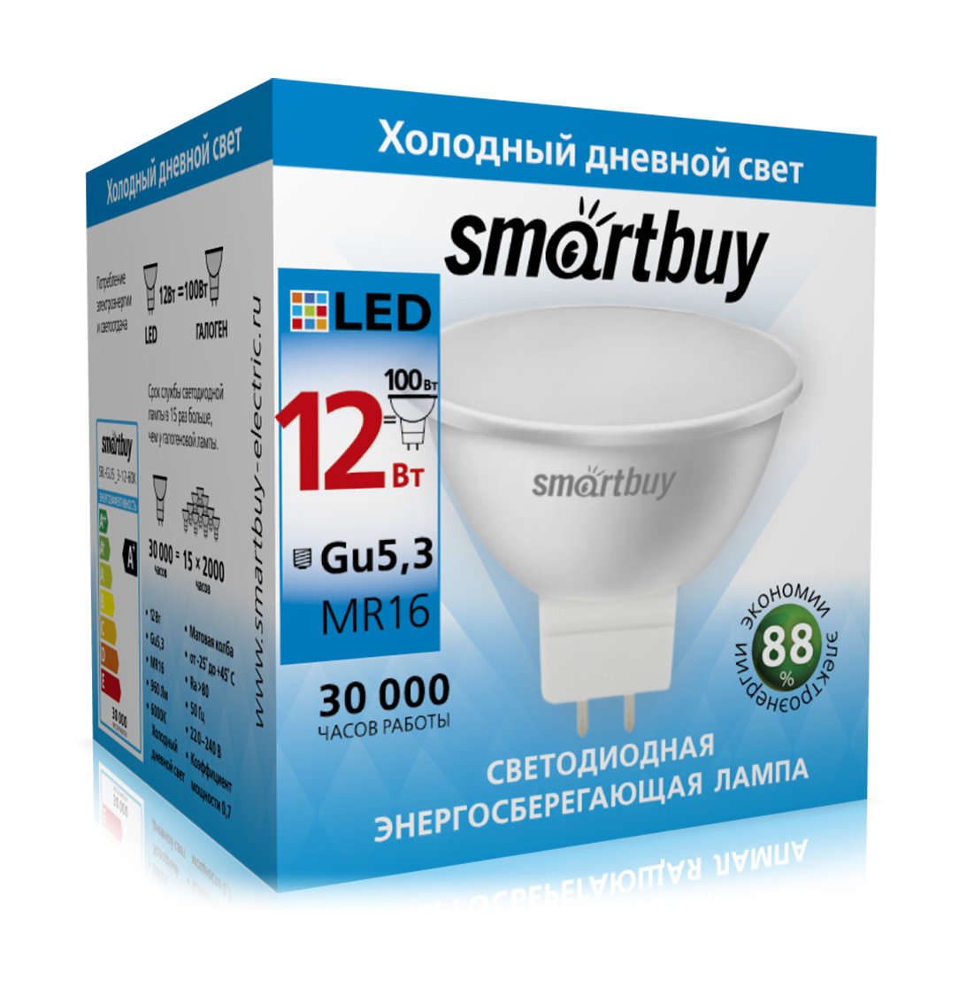 Лампа светодиодная GU5.3, MR16, 12 Вт, 6000K, Smartbuy Gu5,3-12W/6000/