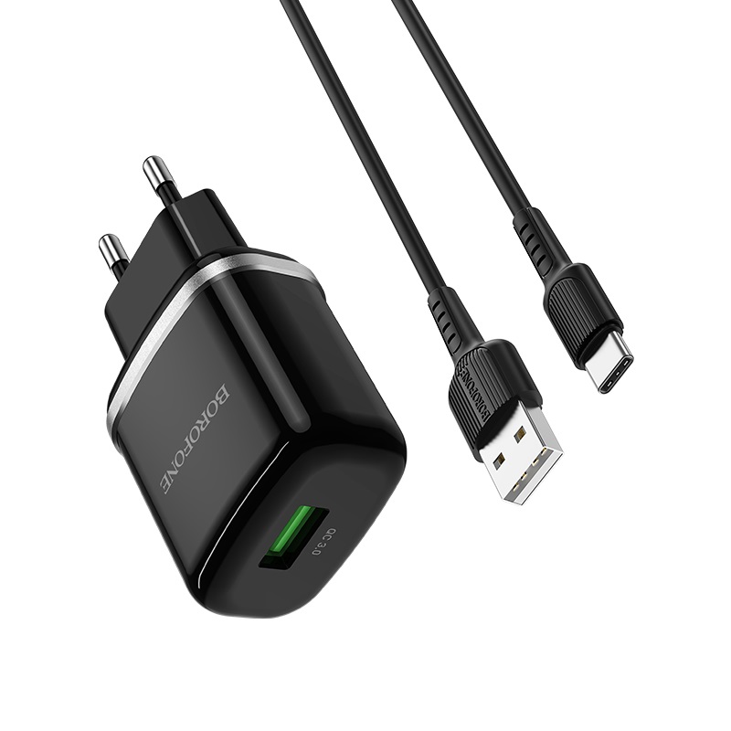 

Сетевое зарядное устройство Borofone BA36A High speed 18W, 1USB, Quick Charge, 3A, черный (6931474716002), кабель USB Type C, BA36A High speed