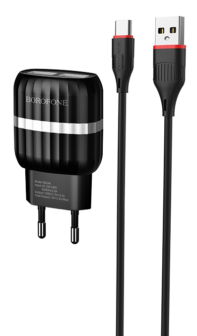Сетевое зарядное устройство Borofone BA24A Vigour, 2USB, 2.1A, черный (6931474702746), кабель USB Type C - фото 1