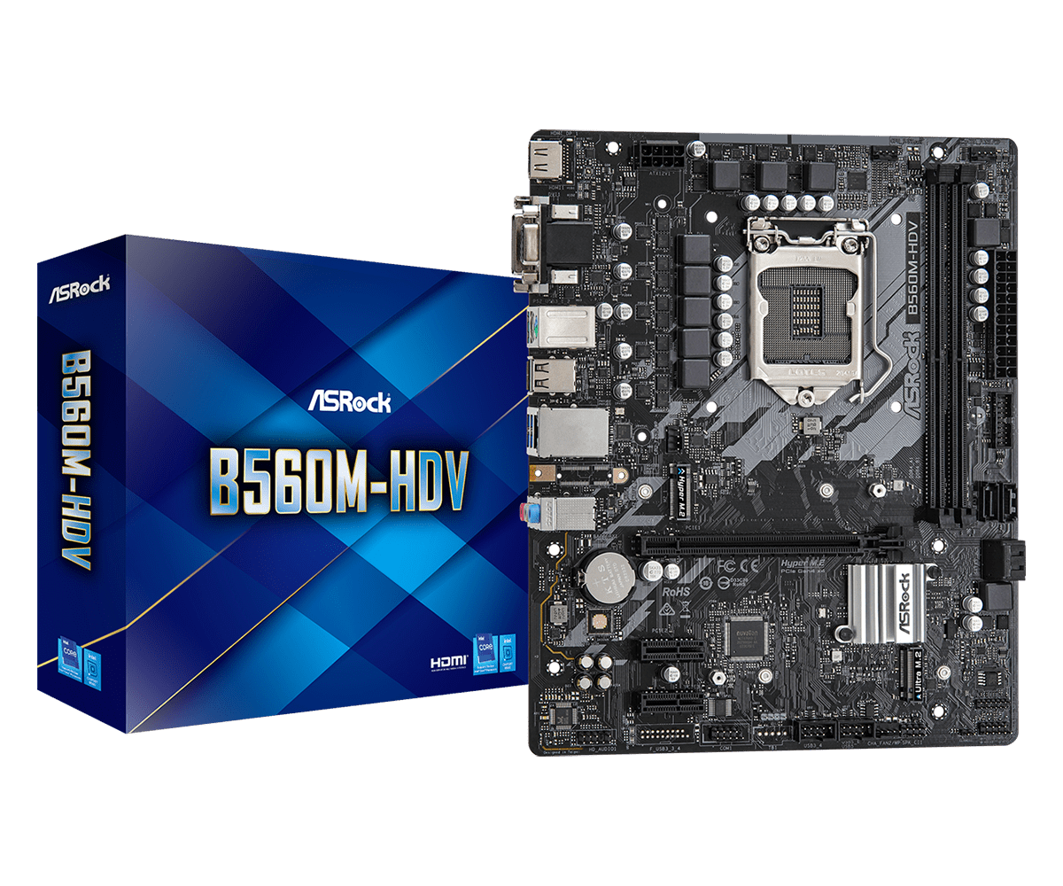 

Материнская плата ASRock B560M-HDV, Socket1200, Intel B560, 2xDDR4, PCI-Ex16, 4SATA3, 7.1-ch, GLAN, 6 USB 3.2, VGA, DVI, HDMI, mATX, Retail, B560M-HDV