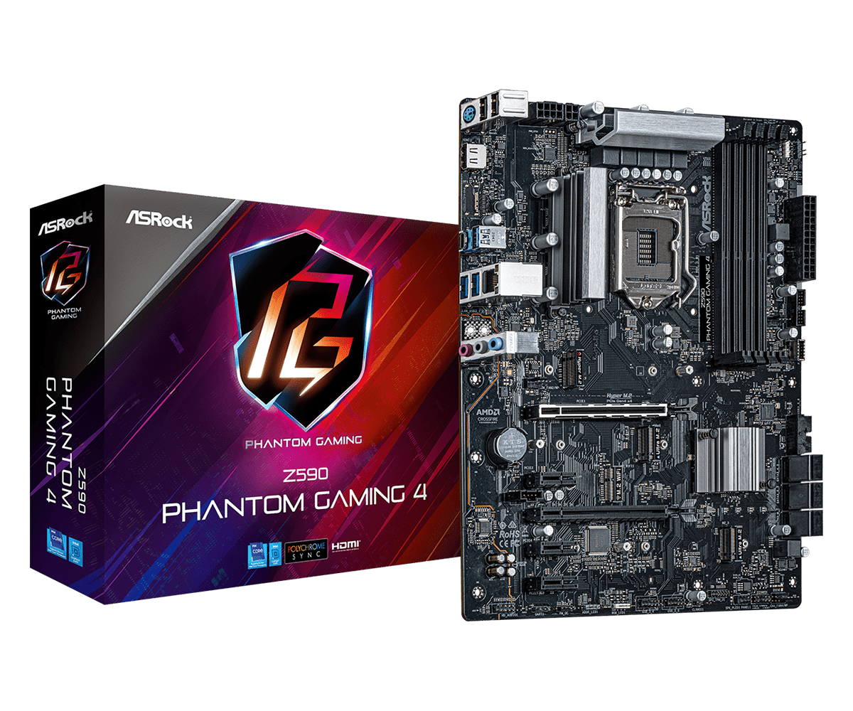 

Материнская плата ASRock Z590 PHANTOM GAMING 4, Socket1200, Intel Z590, 4xDDR4, 2PCI-Ex16, 6SATA3, 7.1-ch, GLAN, 7USB 3.2, 2USB Type-C, HDMI, ATX, Retail, Z590 PHANTOM GAMING 4