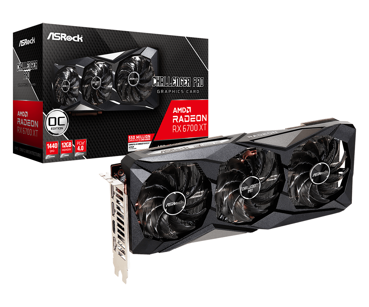 

Видеокарта ASRock AMD Radeon RX 6700 XT Challenger Pro OC, 12Gb DDR6, 192 бит, PCI-E, HDMI, 3DP, Retail (RX6700XT CLP 12GO), Challenger Pro OC