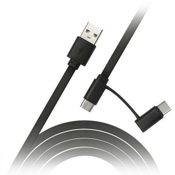 

Кабель USB 2.0(Am)-Micro+Type-C, плоский, 1м, черный Smartbuy iK-412 (iK-412 black), iK-412
