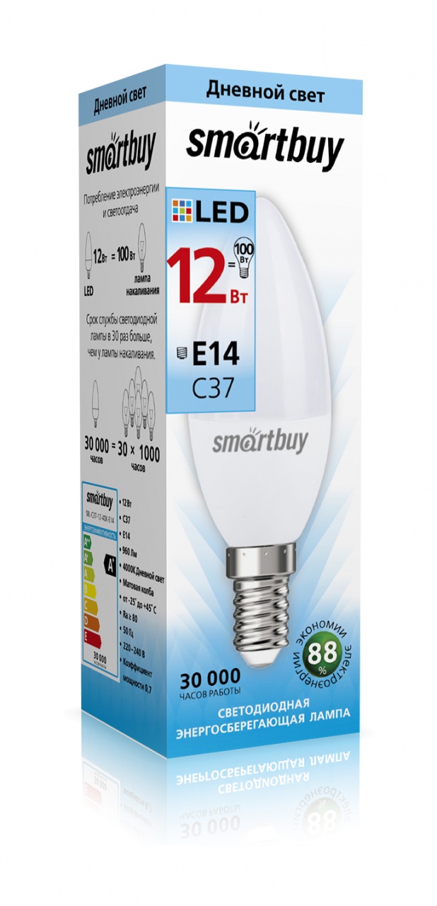 

Лампа светодиодная E14 свеча/C37, 12Вт, 4000K / белый, 960лм, SMARTBUY (SBL-C37-12-40K-E14)