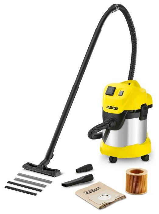 Строительный пылесос KARCHER WD 3 P, сетевой, 1000Вт, сухая, влажная уборка, объем пылесборника 17л, мешок, диаметр шланга 35мм, длина шланга 2м, встроенная розетка, 6кг (1.629-891.0)