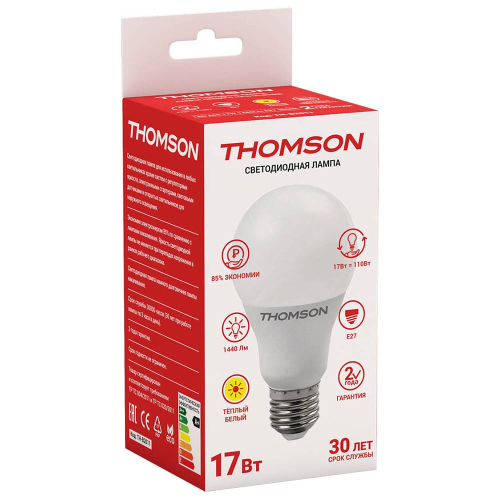 

Лампа светодиодная E27 груша/A60, 17Вт, 3000K / теплый свет, 1440лм, THOMSON (TH-B2011)
