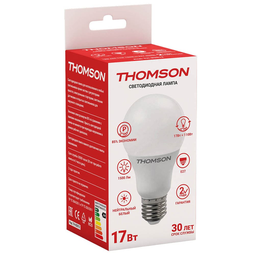 

Лампа светодиодная E27 груша/A60, 17Вт, 4000K / белый, 1500лм, THOMSON (TH-B2012)