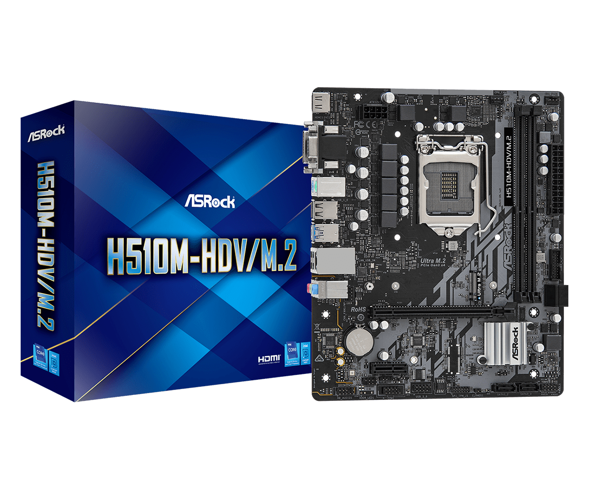 Материнская плата ASRock H510M-HDV/M.2, Socket1200, Intel H510, 2xDDR4, PCI-Ex16, 4SATA3, 7.1-ch, GLAN, 4 USB 3.2, VGA, DVI, HDMI, mATX, Retail