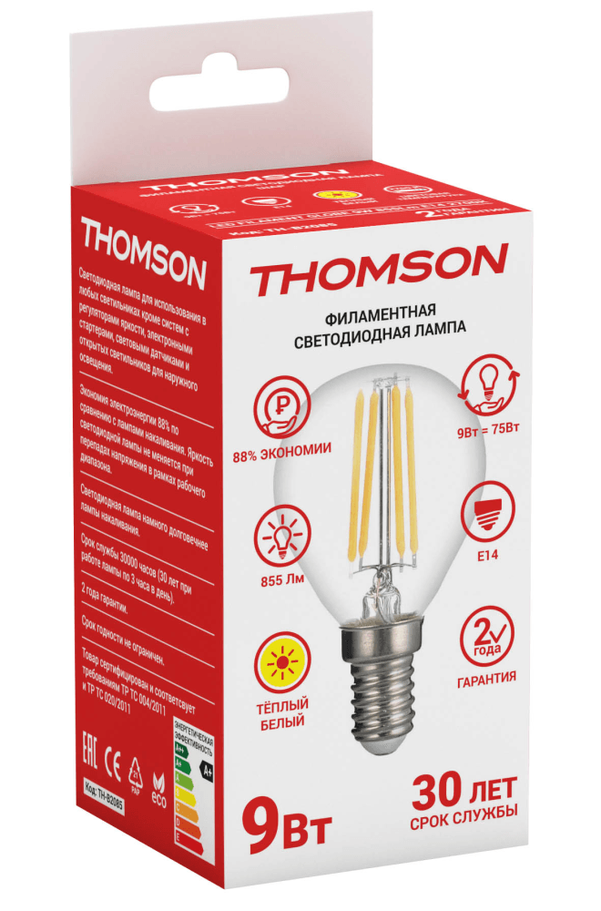 

Лампа светодиодная E14 шар, 9Вт, 2700K / теплый свет, 855лм, филаментная, THOMSON Filament (TH-B2085)