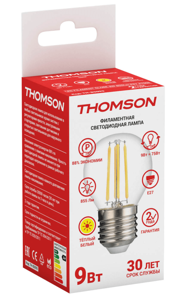 

Лампа светодиодная E27 шар, 9Вт, 4500K / белый, 900лм, филаментная, THOMSON Filament (TH-B2094)