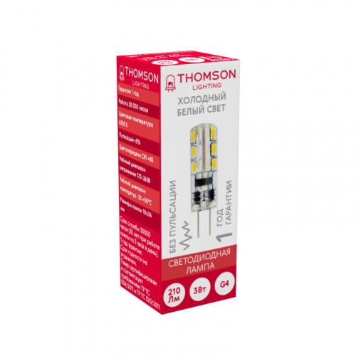 

Лампа светодиодная G4, 220В, 3Вт, 210лм, 6500K/холодный, 80 Ra, THOMSON (TH-B4225)