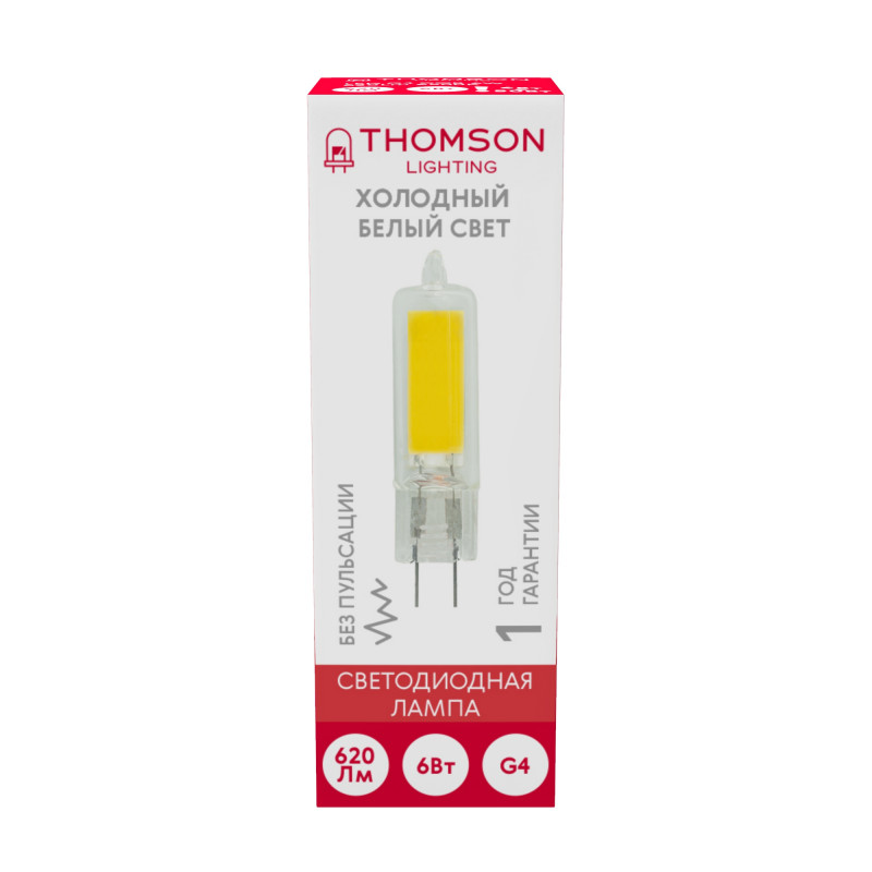

Лампа светодиодная G4, 220В, 6Вт, 620лм, 6500K/холодный, 80 Ra, THOMSON (TH-B4221)