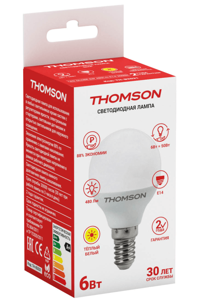 

Лампа светодиодная E14 шар, 6Вт, 3000K / теплый свет, 480лм, THOMSON (TH-B2031)