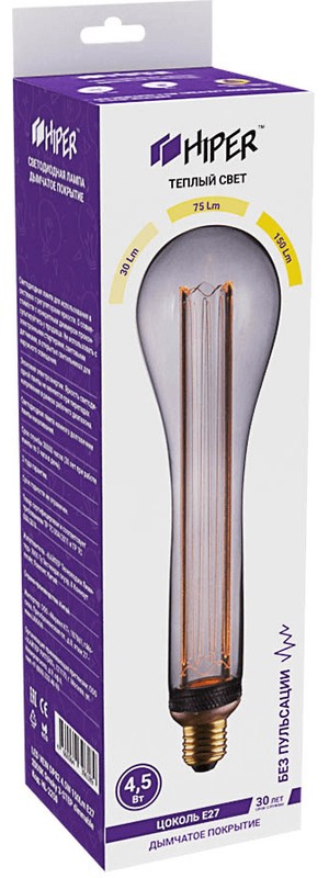 

Лампа светодиодная E27 -/DP82, 4.5Вт, 2000K / теплый свет, 150лм, диммируемая, филаментная, HIPER Vein (HL-2250)