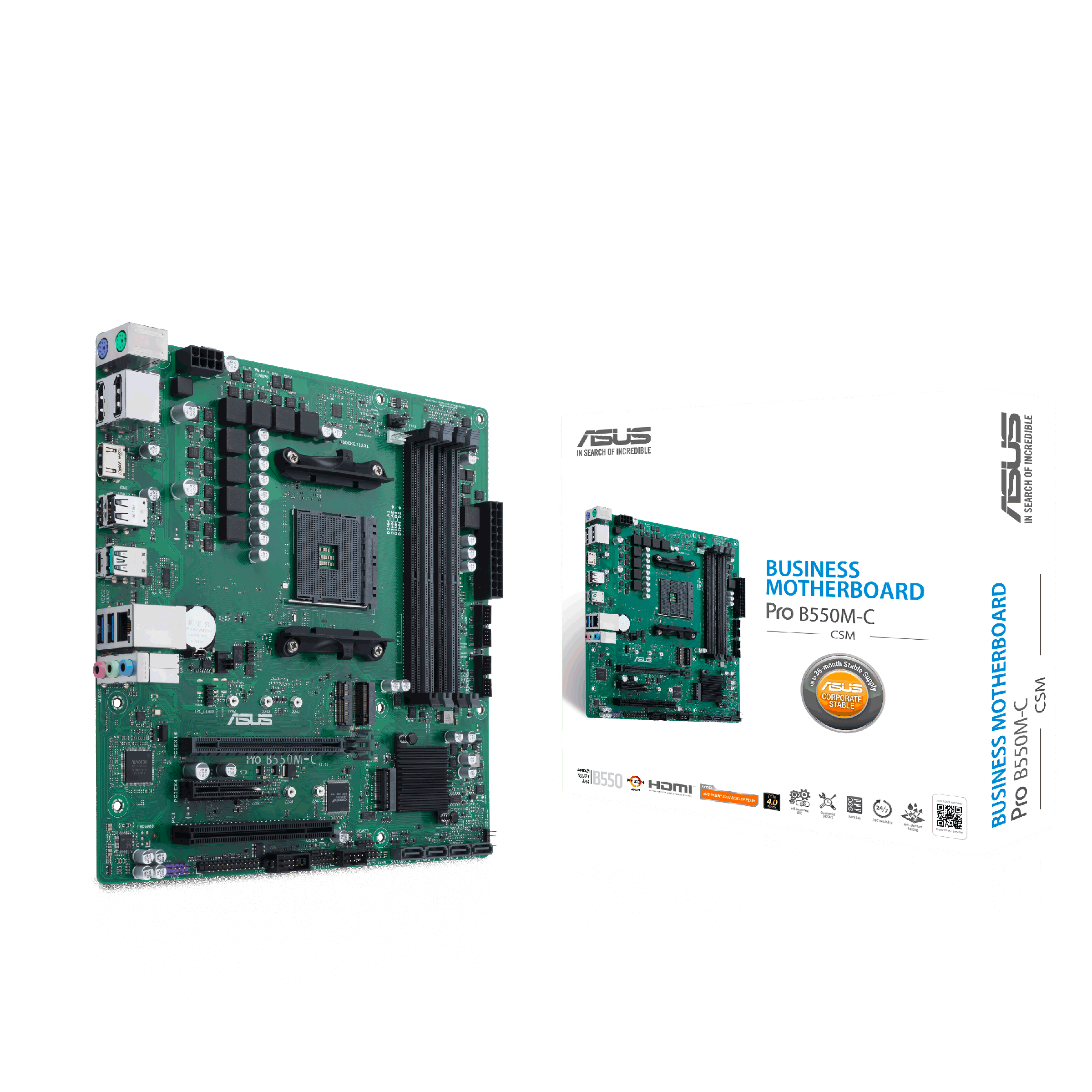 

Материнская плата ASUS PRO B550M-C/CSM, SocketAM4, AMD B550, 4xDDR4, PCI-Ex16, 4SATA3, 7.1-ch, GLAN, 7 USB 3.2, 1 USB Type-C, HDMI, DP, mATX, Retail, PRO B550M-C/CSM