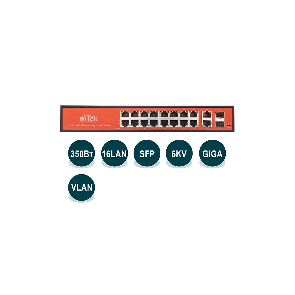 

Коммутатор Wi-Tek WI-PS320GF, кол-во портов: 16x1 Гбит/с, combo RJ-45/SFP 2x1 Гбит/с, установка в стойку, PoE: 16x30Вт (макс. 350Вт) (WI-PS320GF), WI-PS320GF