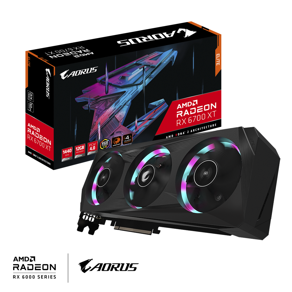

Видеокарта GIGABYTE AMD Radeon RX 6700 XT AORUS ELITE, 12Gb DDR6, 192bit, PCI-E, 2HDMI, 2DP, Retail (GV-R67XTAORUS E-12GD), AORUS ELITE