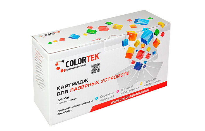 

Картридж лазерный Colortek CT-E16 (E-16), черный, 2000 страниц, совместимый для Canon FC-2xx/3xx/530/108/208, PC-7xx