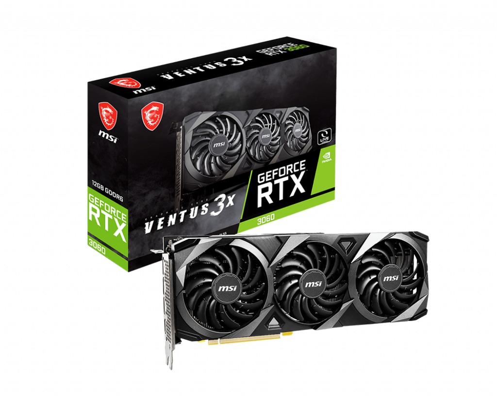 

Видеокарта MSI NVIDIA GeForce RTX 3060 VENTUS 3X, 12Gb DDR6, 192 бит, PCI-E, HDMI, 3DP, Retail (RTX 3060 VENTUS 3X 12G LHR), VENTUS 3X