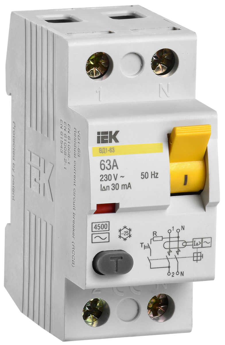 

Выключатель дифференциальный (УЗО) ВД1-63, 2P, 63А, 30мА, электромеханический, тип АС, IEK (MDV10-2-063-030)