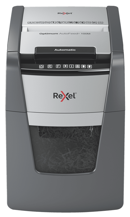

Шредер Rexel Optimum AutoFeed+ 100M, секретность P-5, фрагменты - 2 мм x 1.5 см, объем 34 л, кол-во листов до 100 шт., скрепки, скобы, карты, серый/серебристый (2020100MEU), 100M