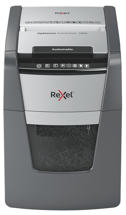 

Шредер Rexel Optimum AutoFeed+ 100X, секретность P-4, фрагменты - 4 мм x 2.8 см, объем 34 л, кол-во листов до 100 шт., скрепки, скобы, карты, серый/серебристый (2020100XEU), 100X