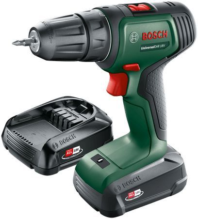 

Дрель-шуруповерт Bosch UniversalDrill, аккумуляторный, 40 Н·м, 1450 об/мин, 18V, 1.5 А·ч, Li-Ion, два акб, быстрозажимной патрон, кейс, 1.2кг (06039D4002), UniversalDrill