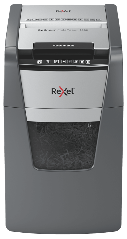 

Шредер Rexel Optimum AutoFeed+ 150X, секретность P-4, фрагменты - 4 мм x 2.8 см, объем 44 л, кол-во листов до 150 шт., скрепки, скобы, карты, серый/серебристый (2020150XEU), 150X